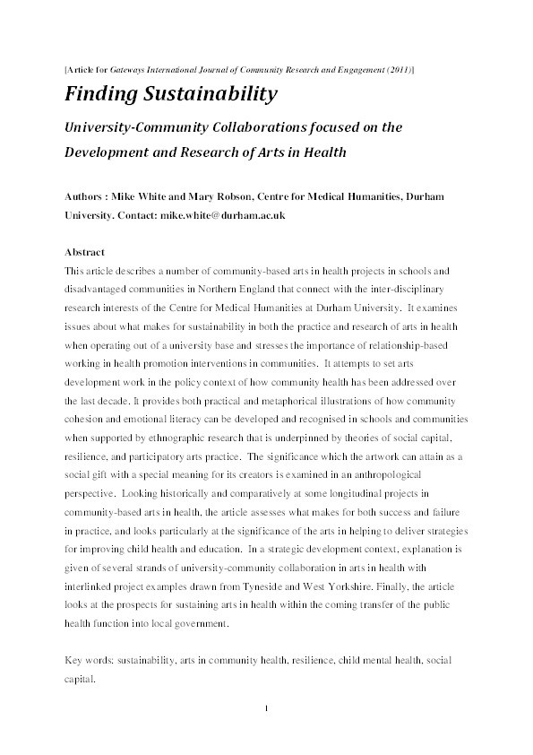 Finding Sustainability: University-community collaborations focused on arts in health Thumbnail