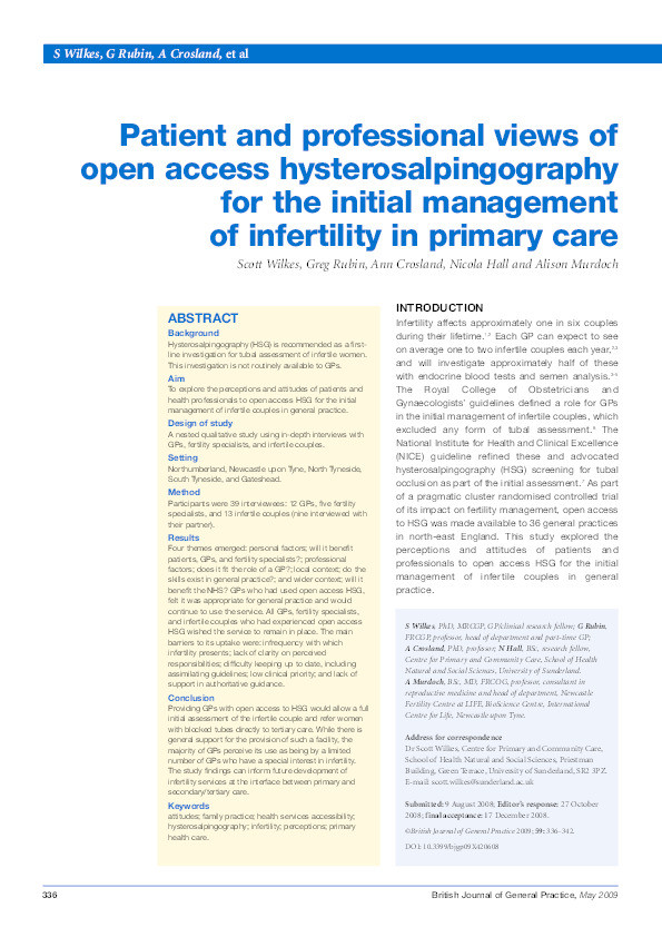 Patient and professional views of open access hysterosalpingography for the initial management of infertility in primary care Thumbnail