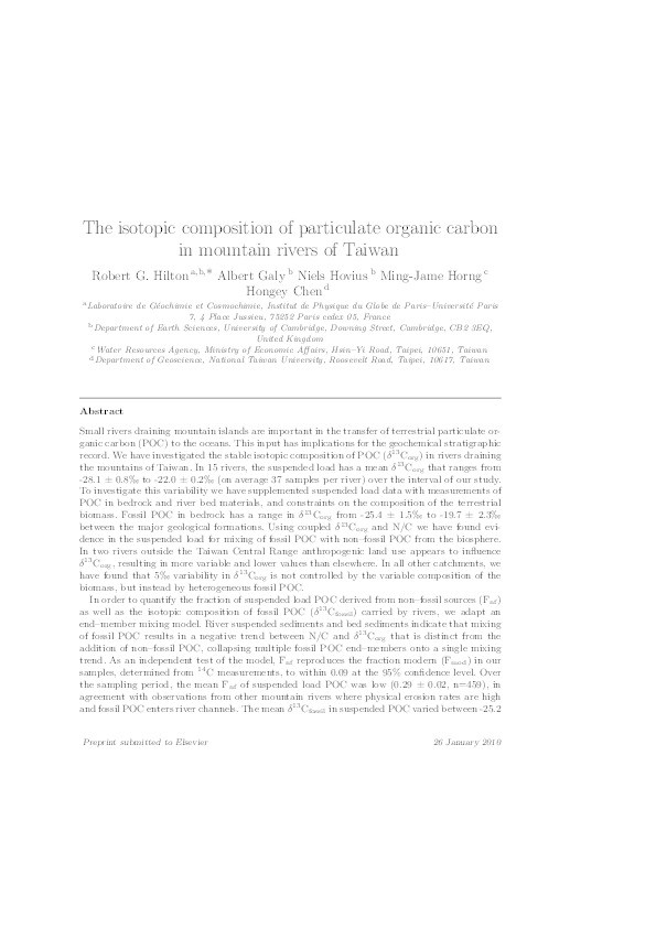 The isotopic composition of particulate organic carbon in mountain rivers of Taiwan Thumbnail