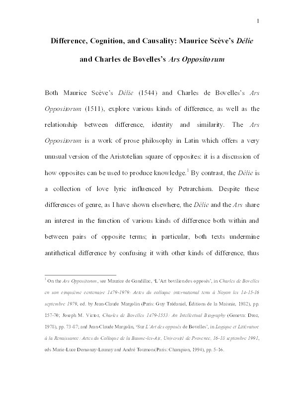 Difference, Cognition, and Causality: Maurice Scève’s Délie and Charles de Bovelles’s Ars Oppositorum Thumbnail