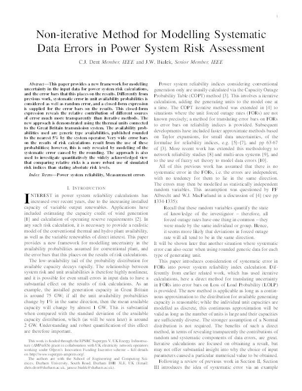 Non-iterative Method for Modeling Systematic Data Errors in Power System Risk Assessment Thumbnail