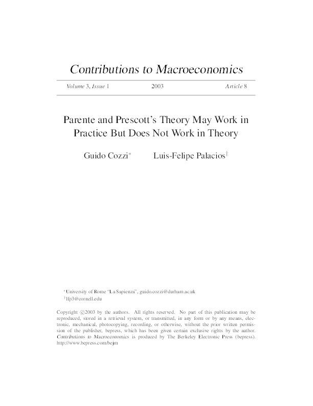 Parente and Prescott’s Theory may work in practice but does not work in theory Thumbnail