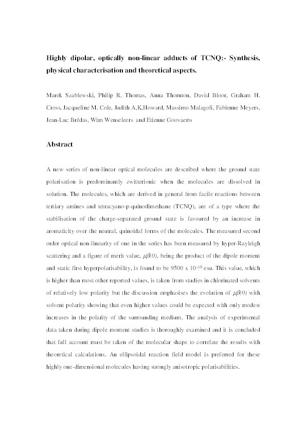 Highly dipolar, optically nonlinear adducts of tetracyano-p-quinodimethane: Synthesis, physical characterization, and theoretical aspects Thumbnail