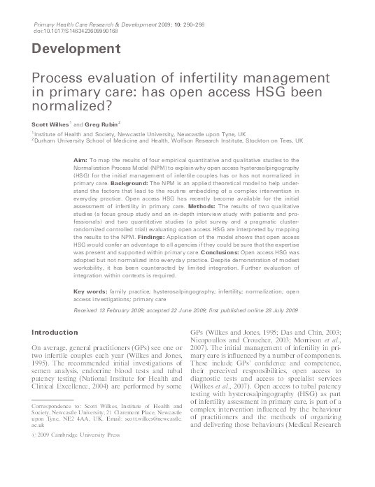 Process evaluation of infertility management in primary care: has open access HSG been normalized? Thumbnail