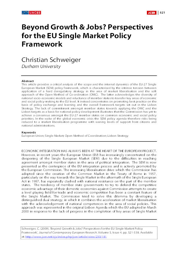 Beyond Growth & Jobs? Perspectives for the EU Single Market Policy Framework Thumbnail