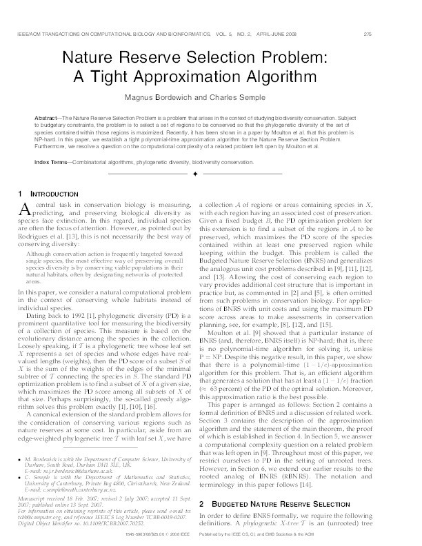 Nature Reserve Selection Problem: A Tight Approximation Algorithm Thumbnail