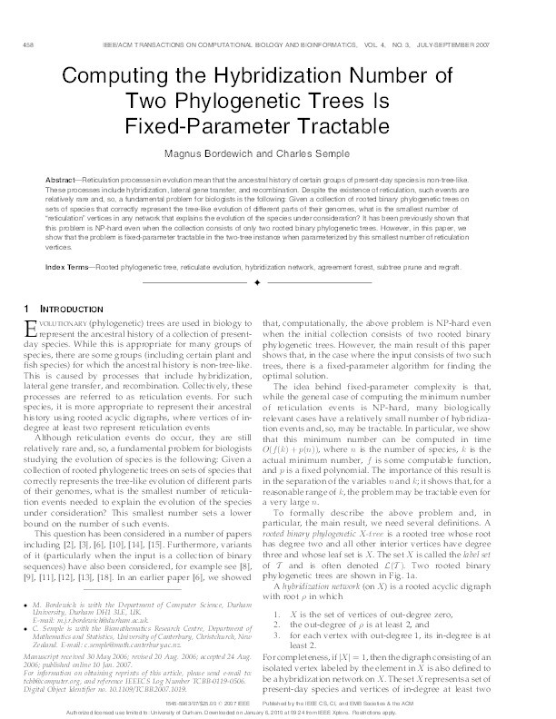 Computing the hybridisation number of two phylogenetic trees is fixed parameter tractable Thumbnail
