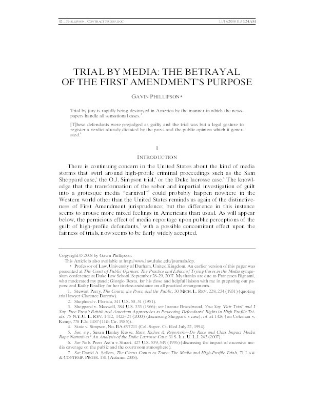 Trial by Media: the Betrayal of the First Amendment’s Purpose Thumbnail