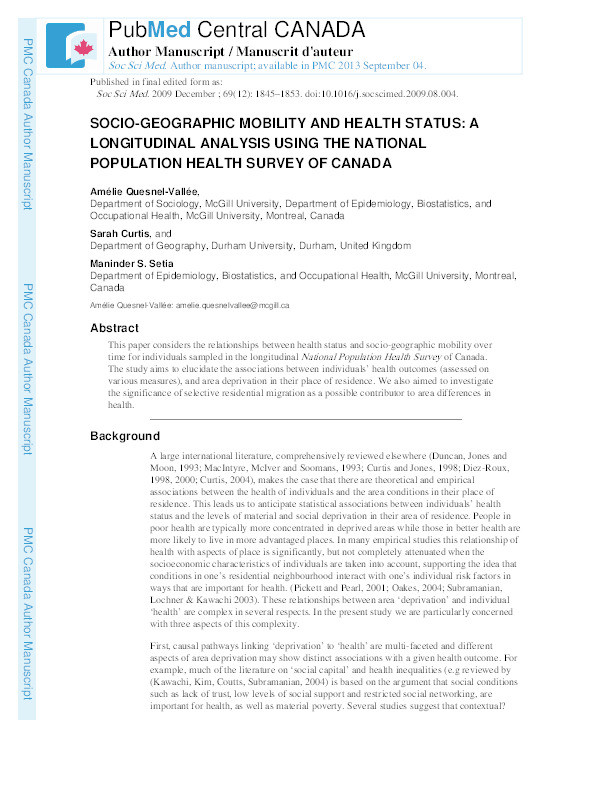 Socio-Geographic Mobility and Health Status: a longitudinal analysis using the National Population Health Survey of Canada Thumbnail