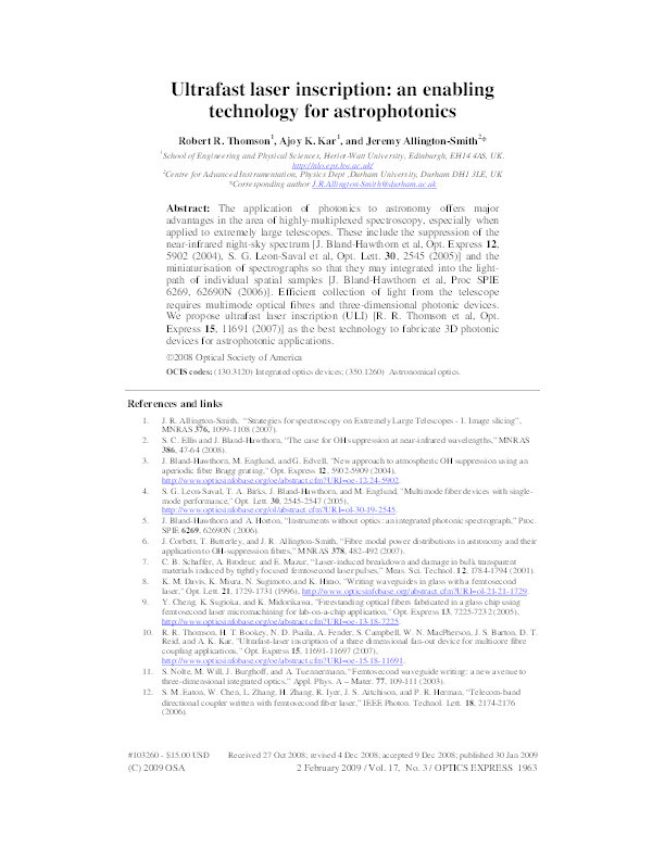 Ultrafast laser inscription: an enabling technology for astrophotonics Thumbnail