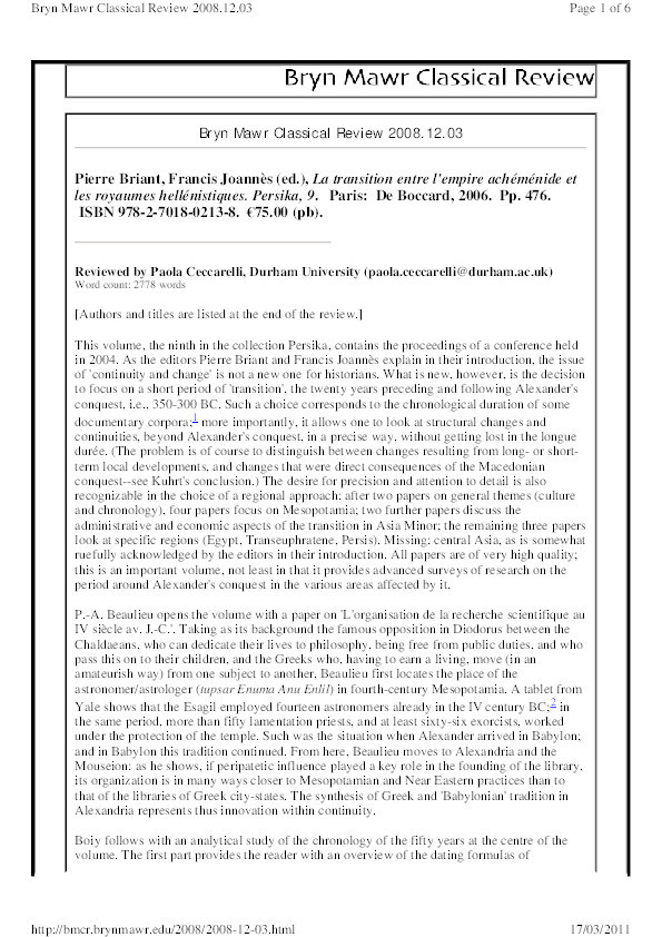 Pierre Briant, Francis Joannès (ed.), La transition entre l'empire achéménide et les royaumes hellénistiques. Persika, 9. Paris: De Boccard, 2006 Thumbnail