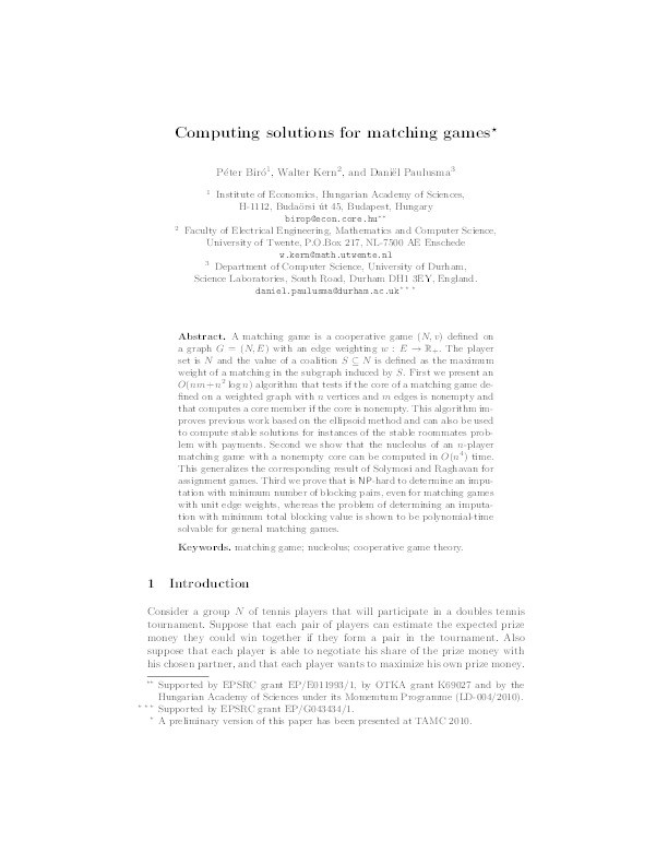 Computing solutions for matching games Thumbnail