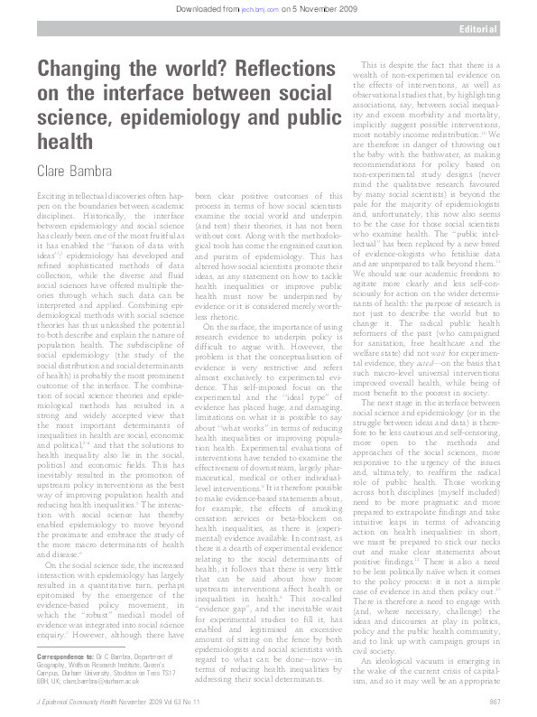 Changing the world? Reflections on the interface between social science, epidemiology and public health Thumbnail