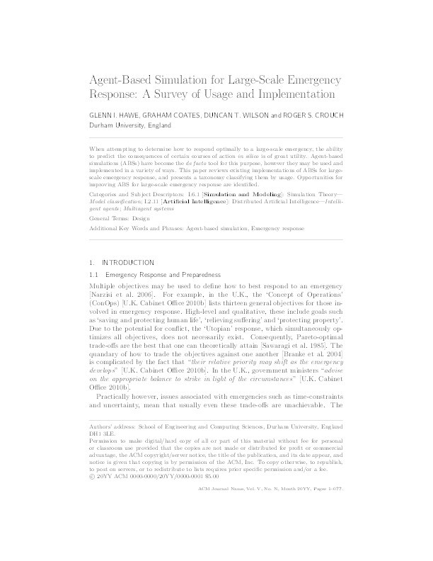 Agent-based simulation for large-scale emergency response: a survey of usage and implementation Thumbnail