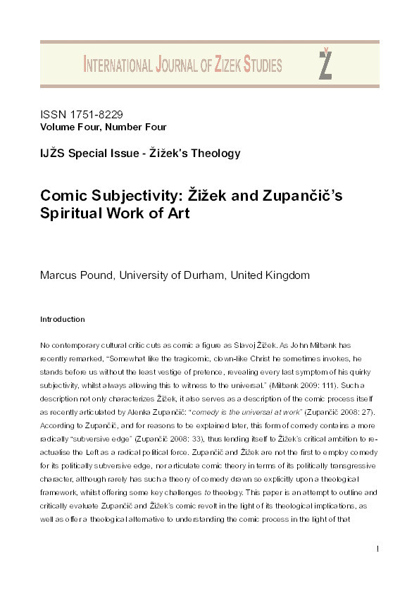 Comic Subjectivity: Žižek and Zupančič’s Spiritual Work of Art Thumbnail
