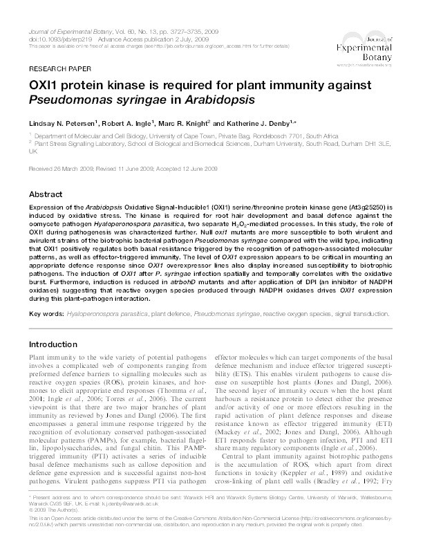 OXI1 protein kinase is required for plant immunity against Pseudomonas syringae in Arabidopsis Thumbnail