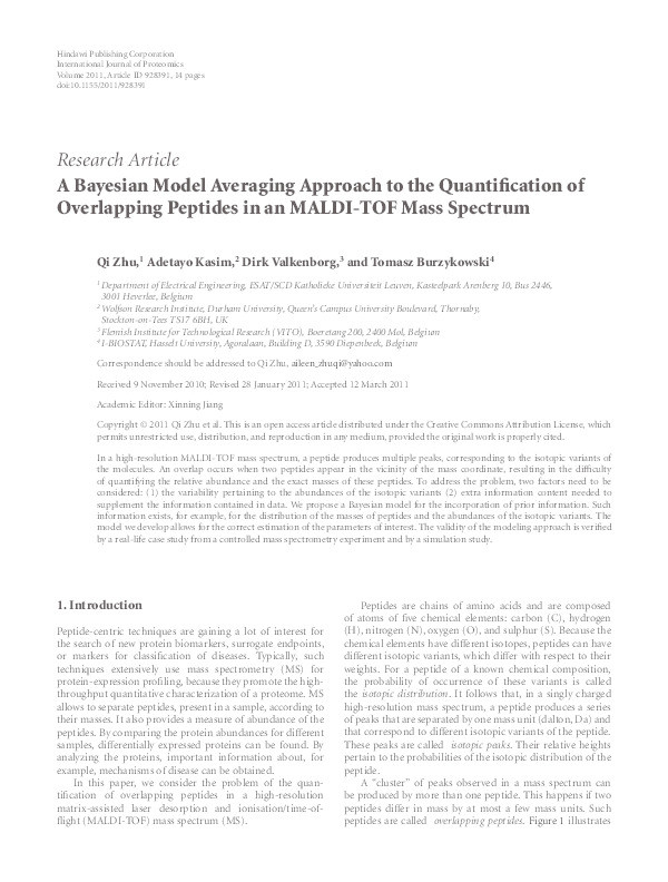 A Bayesian Model Averaging Approach to the Quantification of Overlapping Peptides in an MALDI-TOF Mass Spectrum Thumbnail