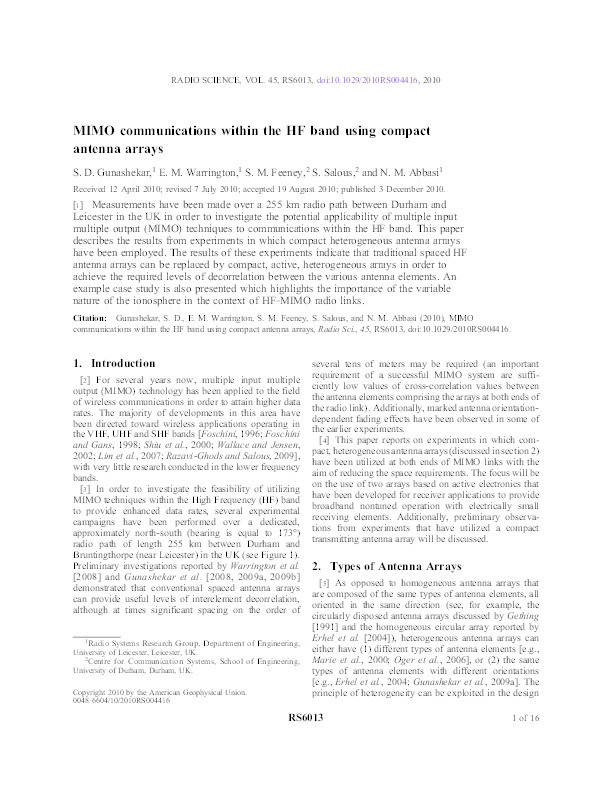 MIMO communications within the HF band using compact antenna arrays Thumbnail