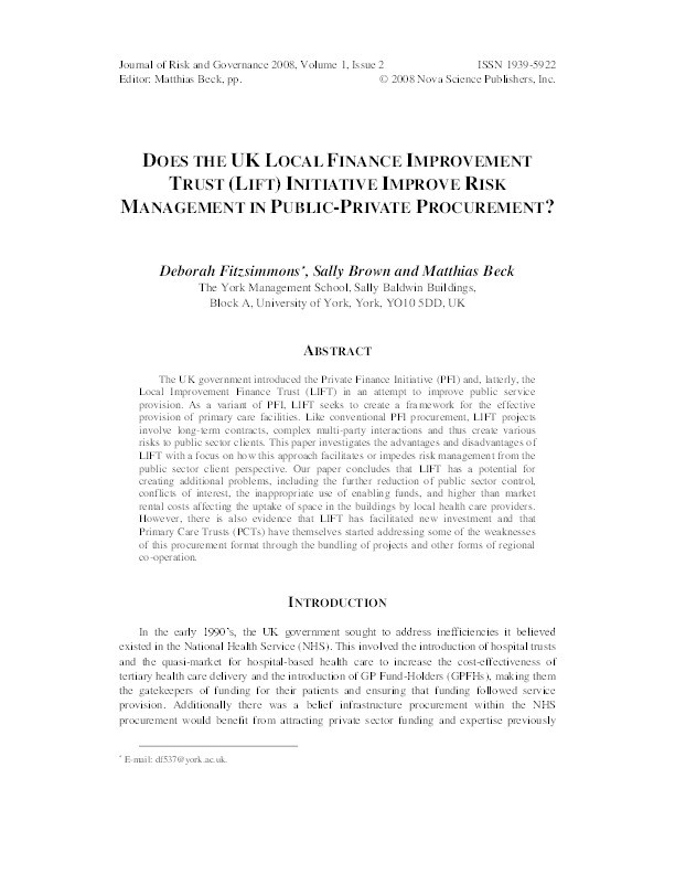 Does the UK Local Finance Improvement Trust (LIFT) Initiative improve risk management in public-private procurement? Thumbnail