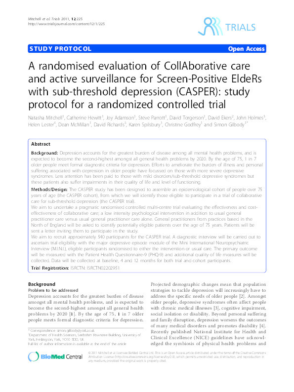 A randomised evaluation of CollAborative care and active surveillance for Screen-Positive EldeRs with sub-threshold depression (CASPER): study protocol for a randomized controlled trial Thumbnail