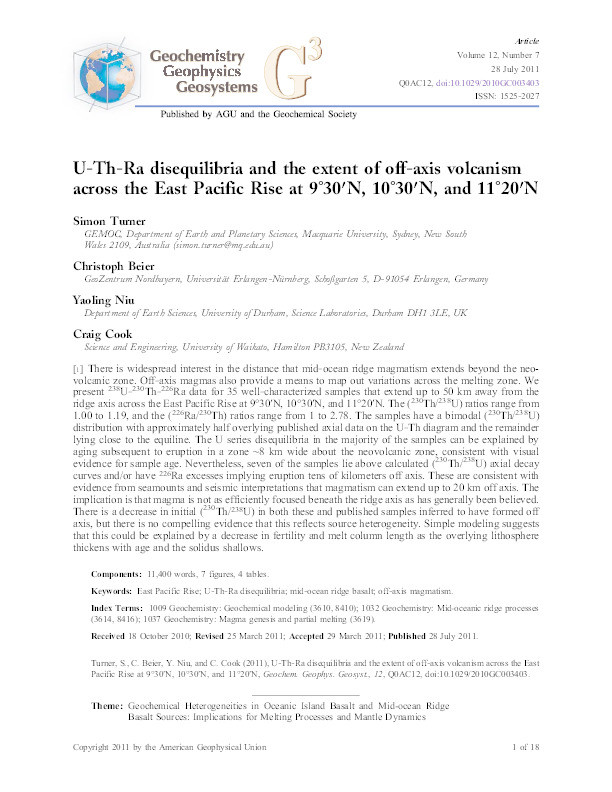 U-Th-Ra disequilibria and the extent of off-axis volcanism across the East Pacific Rise at 9°30′N, 10°30′N, and 11°20′N Thumbnail