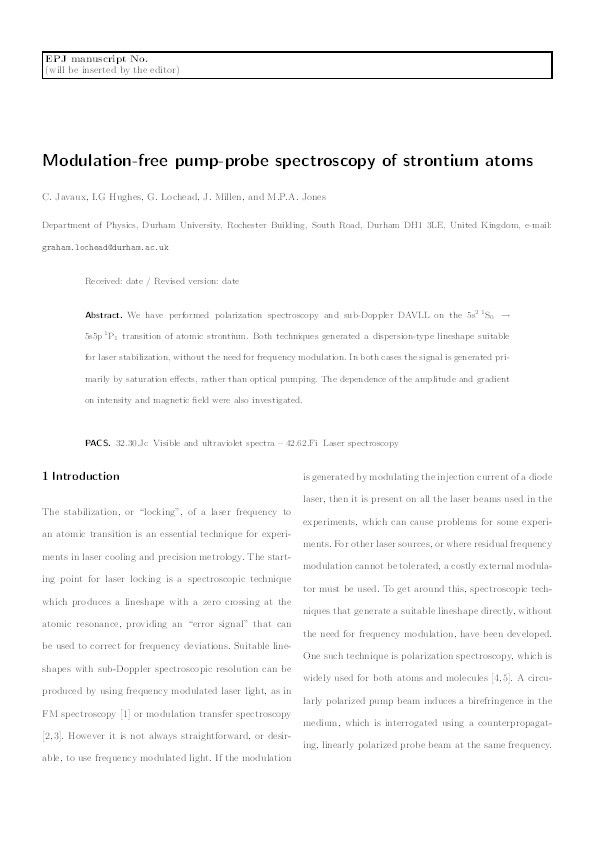 Modulation-free pump-probe spectroscopy of strontium atoms Thumbnail