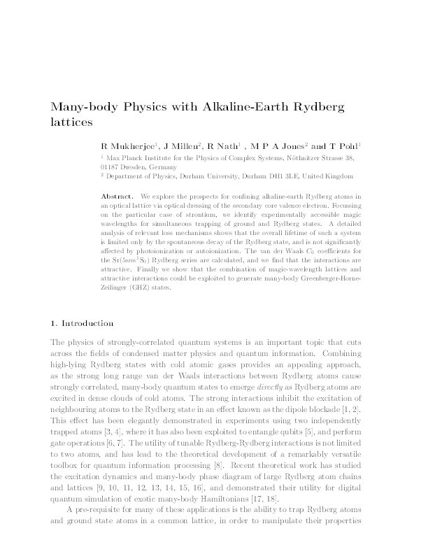 Many-body physics with alkaline-earth Rydberg lattices Thumbnail