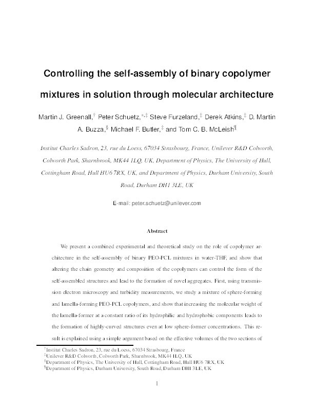 Controlling the Self-Assembly of Binary Copolymer Mixtures in Solution through Molecular Architecture Thumbnail