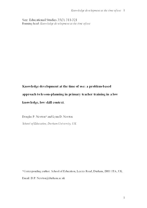 Knowledge development at the time of use: a problem-based approach to lesson planning in primary teacher training in a low knowledge, low skill context Thumbnail
