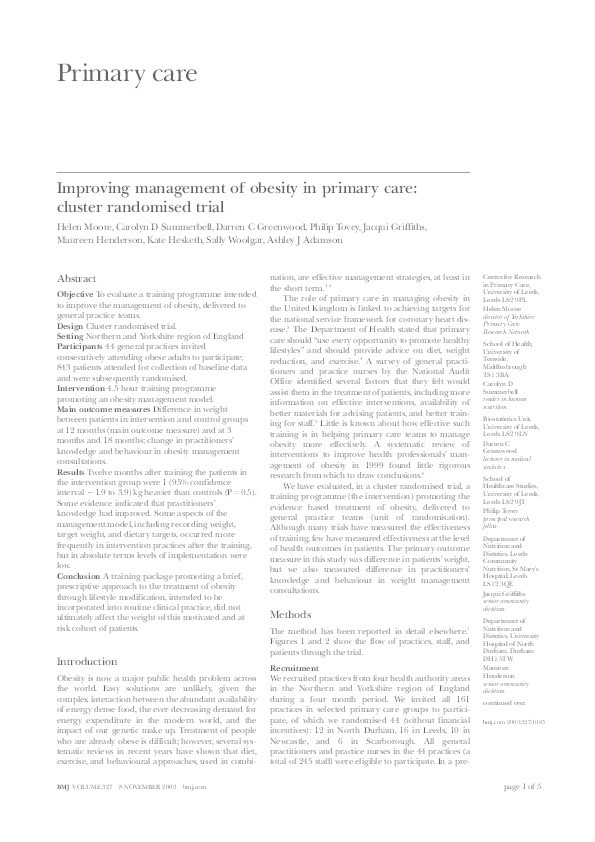 Improving management of obesity in primary care: cluster randomised trial Thumbnail