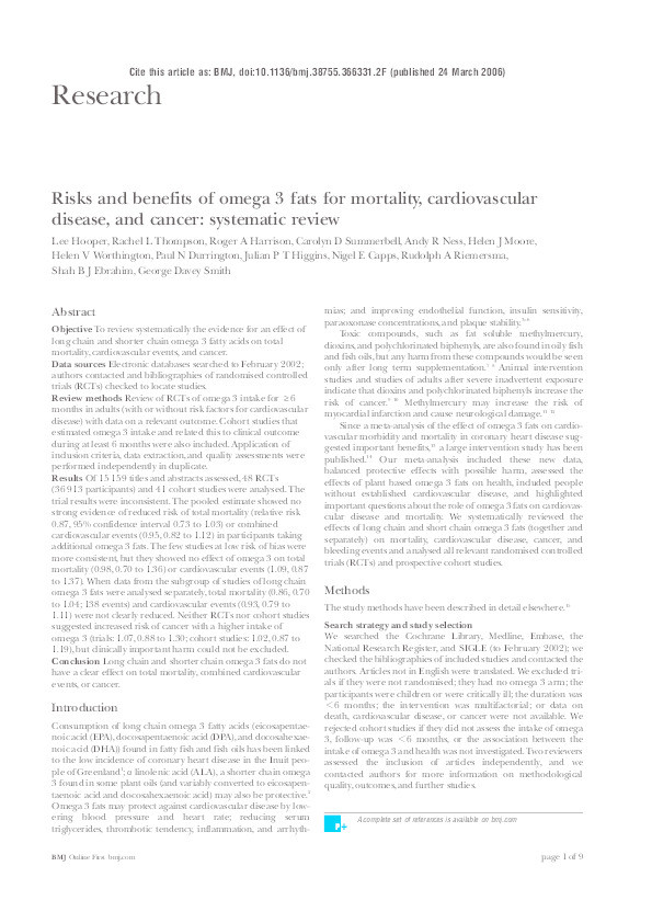 Risks and benefits of omega 3 fats for mortality, cardiovascular disease, and cancer: systematic review Thumbnail