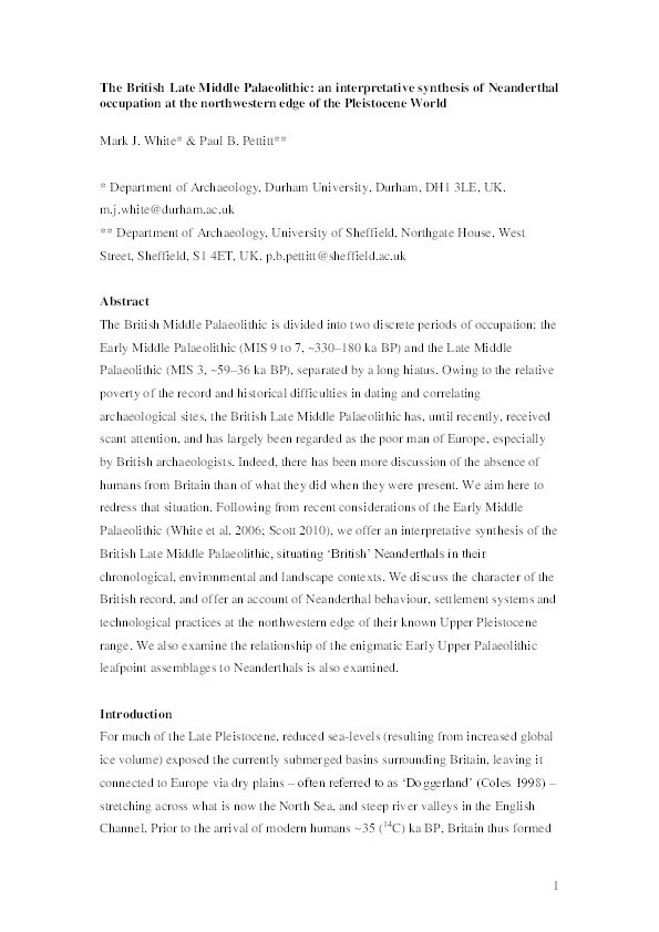 The British Late Middle Palaeolithic: An Interpretative Synthesis of Neanderthal Occupation at the Northwestern Edge of the Pleistocene World Thumbnail