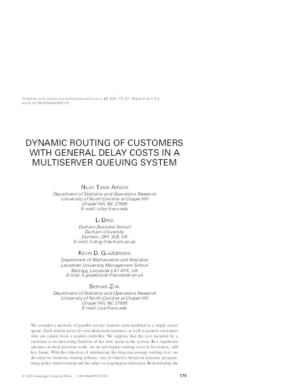Dynamic routing of customers with general delay costs in a multiserver queuing system Thumbnail