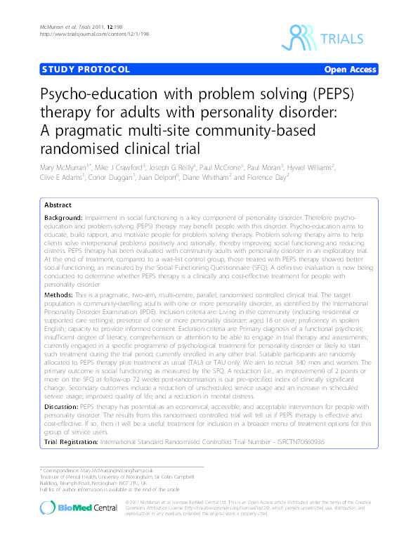 Psycho-education with problem solving (PEPS) therapy for adults with personality disorder: A pragmatic multi-site community-based randomised clinical trial Thumbnail