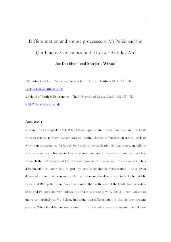 Differentiation and source processes at Mt Pelee and the Quill; active volcanoes in the Lesser Antilles Arc Thumbnail