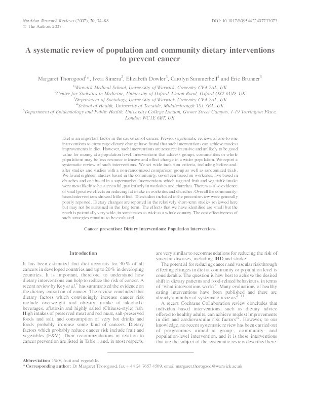 A systematic review of population and community dietary interventions to prevent cancer Thumbnail