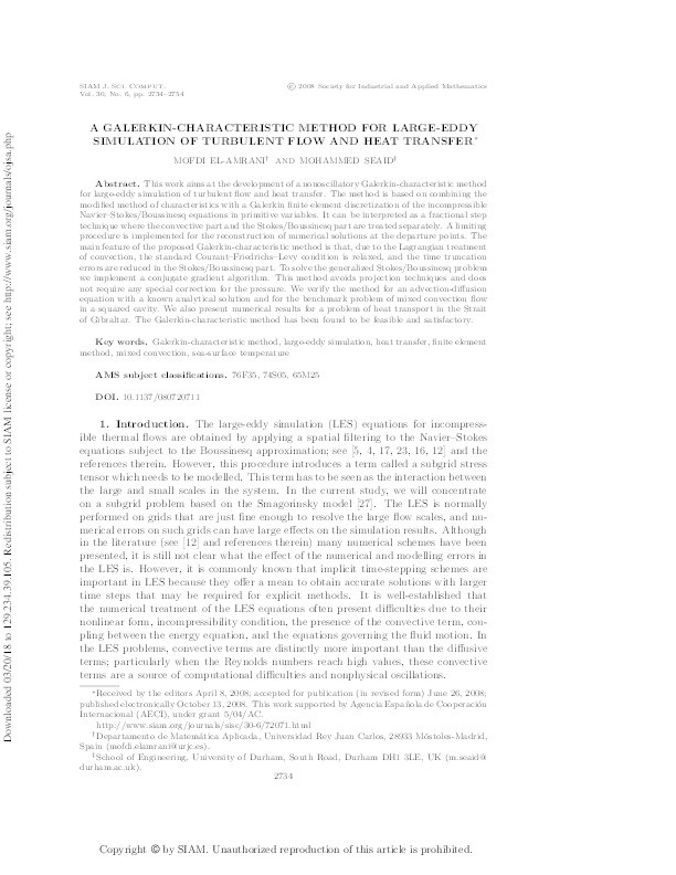 A Galerkin-Characteristic Method for Large-Eddy Simulation of Turbulent Flow and Heat Transfer Thumbnail