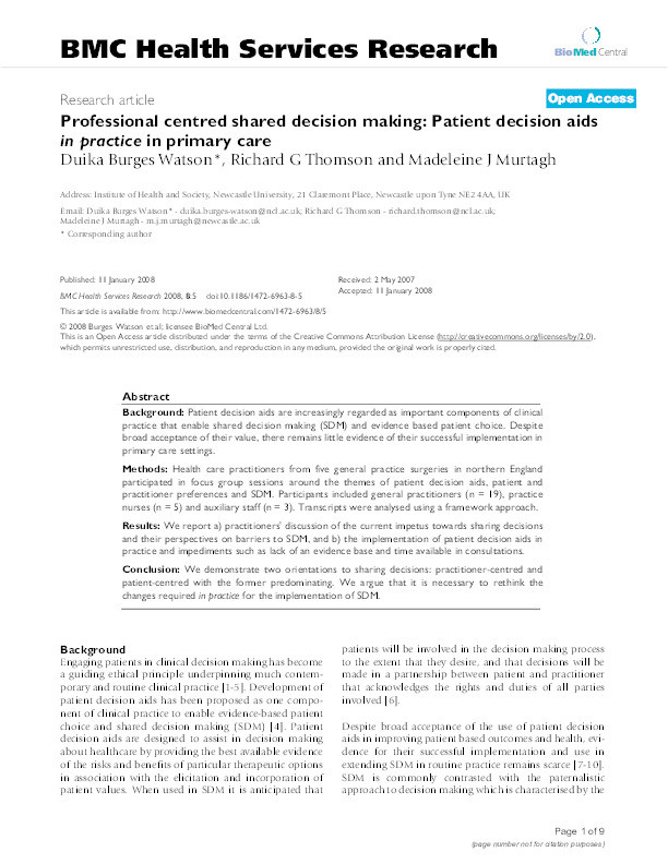 Professional centred shared decision making: patient decision aids in practice in primary care Thumbnail