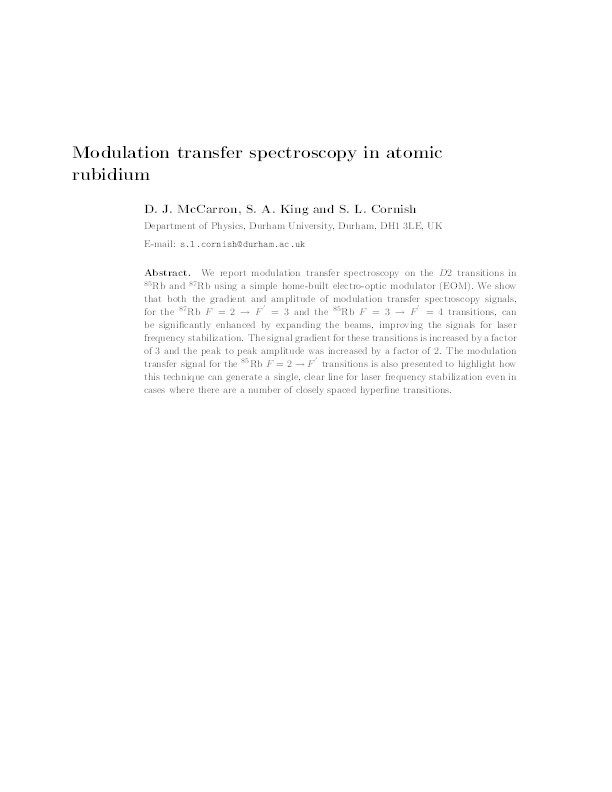 Modulation transfer spectroscopy in atomic rubidium Thumbnail