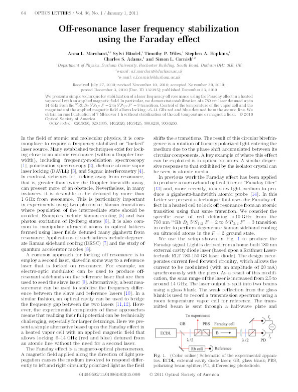 Off-resonance laser frequency stabilization using the Faraday effect Thumbnail