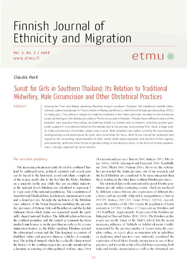 Sunat for girls in southern Thailand: Its relation to traditional midwifery, male circumcision and other obstetrical practices Thumbnail