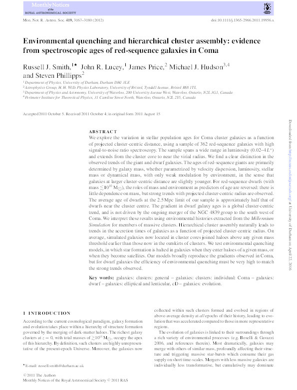 Environmental quenching and hierarchical cluster assembly: evidence from spectroscopic ages of red-sequence galaxies in Coma Thumbnail