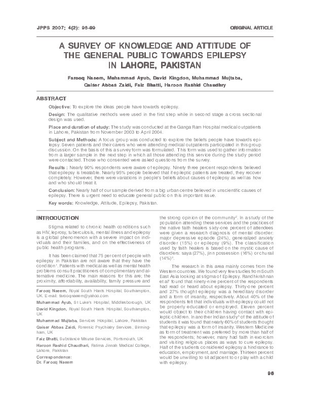 A Survey of Knowledge and Attitude of the General Public towards Epilepsy in Lahore, Pakistan Thumbnail