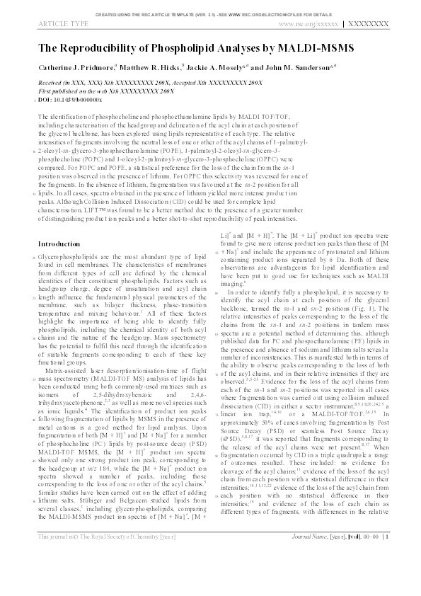 The reproducibility of phospholipid analyses by MALDI-MSMS Thumbnail