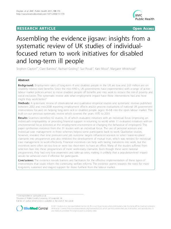 Assembling the evidence jigsaw: insights from a systematic review of UK studies of individual-focused return to work initiatives for disabled and long-term ill people Thumbnail