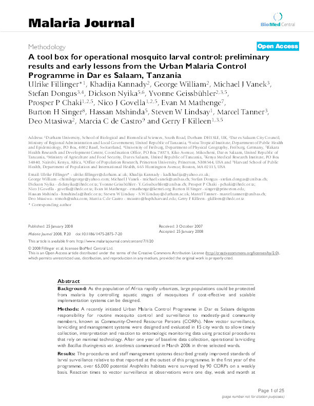 A tool box for operational mosquito larval control: preliminary results and early lessons from the Urban Malaria Control Program in Dar es Salaam, Tanzania Thumbnail