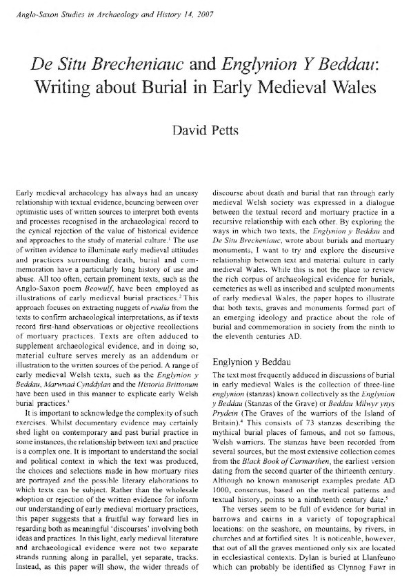 De Situ Brecheniauc and Englynion y Beddau: Writing about burial in early medieval Wales Thumbnail