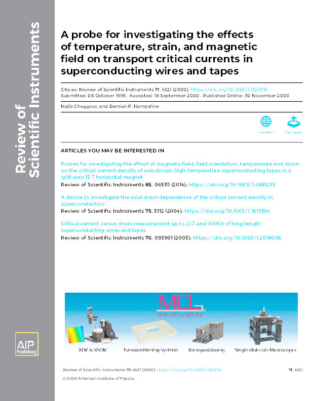 A probe for investigating the effects of temperature, strain, and magnetic field on transport critical currents in superconducting wires and tapes Thumbnail