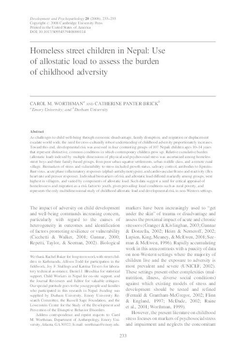 Homeless street children in Nepal: Use of allostatic load to assess the burden of childhood adversity Thumbnail