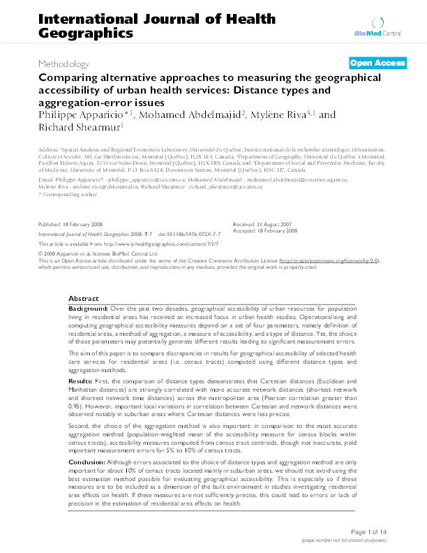 Comparing alternative approaches to measuring the geographical accessibility of urban health services: Distance types and aggregation-error issues Thumbnail